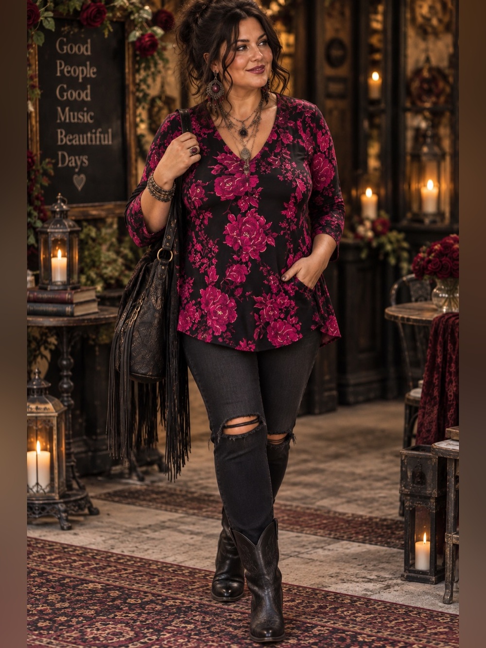 Sami & Jo Plus 1X Black Pink Floral Tunic Top V Neck 3/4 Sleeve